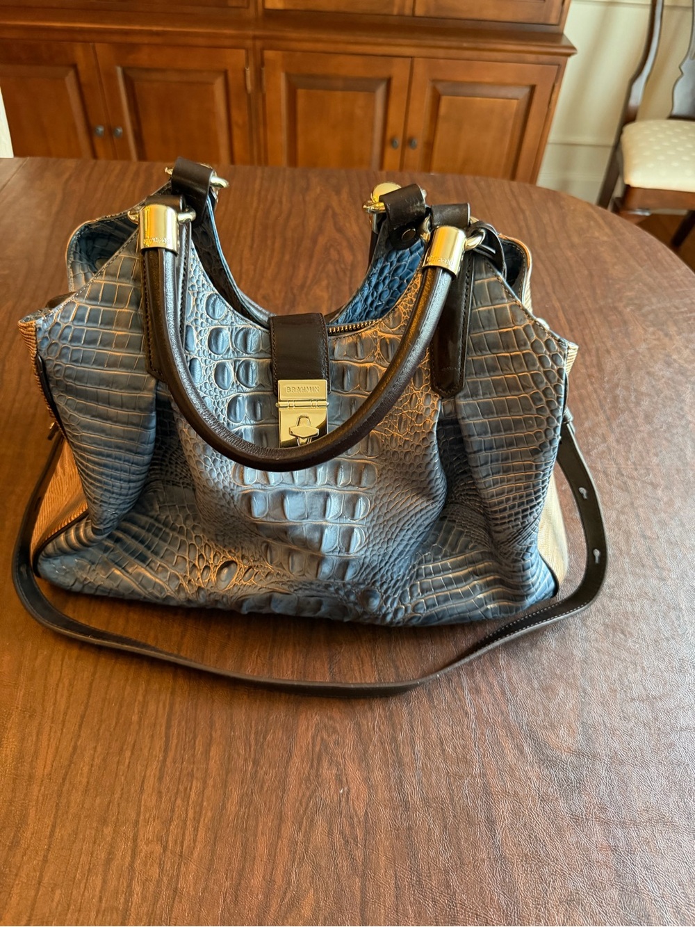 Brahmin Blue Croc Embossed Leather Satchel Handbag